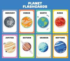 Planets in the solar system flashcards for kids learning about planets, solar system, and space. Vector illustrations of solar system planets with their names. Printable vector file.