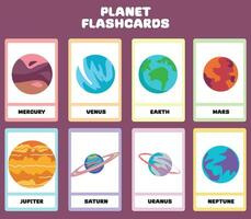 Planets in the solar system flashcards for kids learning about planets, solar system, and space. Vector illustrations of solar system planets with their names. Printable vector file.