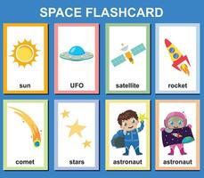 Space exploration and the solar system flashcards for kids learning about planets, solar system, and space. Vector illustrations of space things. Printable vector file.