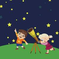 Clipart of cute little boy and girl pointing on the sky while exploring the galaxy with a telescope. vector