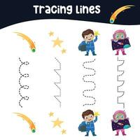 Tracing lines activity for children. Tracing worksheet for kids. Educational printable worksheet. Vector illustration.