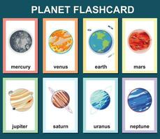 Planets in the solar system flashcards for kids learning about planets, solar system, and space. Vector illustrations of solar system planets with their names. Printable vector file.