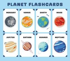 planetas en el solar sistema tarjetas didácticas para niños aprendizaje acerca de planetas, solar sistema, y espacio. vector ilustraciones de solar sistema planetas con su nombres imprimible vector archivo.