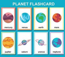 Planets in the solar system flashcards for kids learning about planets, solar system, and space. Vector illustrations of solar system planets with their names. Printable vector file.