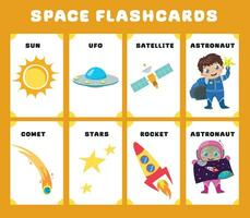 Space exploration and the solar system flashcards for kids learning about planets, solar system, and space. Vector illustrations of space things. Printable vector file.