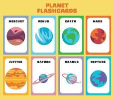 Planets in the solar system flashcards for kids learning about planets, solar system, and space. Vector illustrations of solar system planets with their names. Printable vector file.