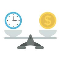 A weight scale with clock and money representing concept of time is moneyTime, money, valuable, importance, clock, dollar, financial, scale, timekeeper, weighing, icon, seesaw vector