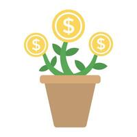 A plant pot with dollar coins representing concept of financial growth flat vector icon