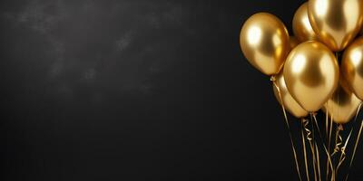 Black and golden balloons on black background with copy space, birthday celebration background photo