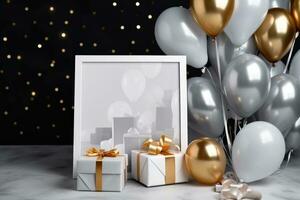 White and gold balloons, gift boxes and photo frame on a marble table