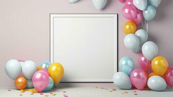 white frame with balloons and gifts in the room, birthday celebration background photo