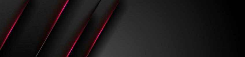 Black tech abstract banner with red neon laser lines vector