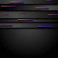 Black tech abstract background with violet orange neon laser lines vector