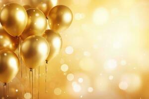 Golden balloons with golden bokeh background, birthday celebration background photo