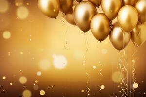 Golden balloons with golden bokeh background, birthday celebration background photo