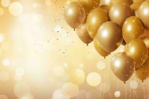 Golden balloons with golden bokeh background, birthday celebration background photo