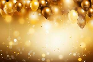 Golden balloons with golden bokeh background, birthday celebration background photo