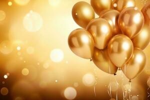 Golden balloons with golden bokeh background, birthday celebration background photo