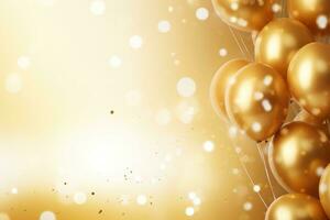 Golden balloons with golden bokeh background, birthday celebration background photo