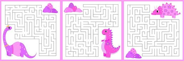 Set princess maze game for kids. Cute pink dinosaur looking for a way to the dinosaur egg. Printable worksheet with solution for school and preschool. Vector cartoon illustration.