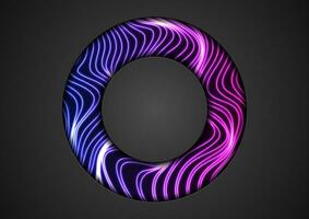 Blue purple neon glowing waves and black circle frame vector