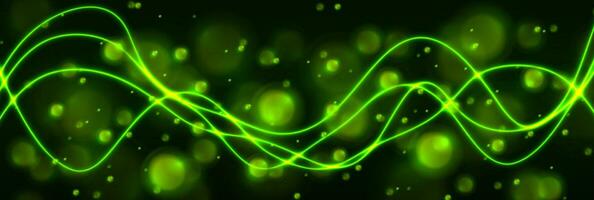 Green shiny neon waves and glowing bokeh background vector