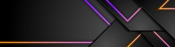 Black tech geometric abstract banner with neon laser lines vector