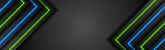 Black tech abstract banner with blue and green neon glowing light vector