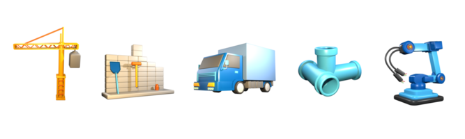 3D icon labor day collection rendered isolated on the transparent background. industrial robot, brick wall, delivery truck, industrial pipe, and construction crane object for your design. png