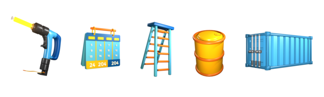 3D icon labor day collection rendered isolated on the transparent background. welding torch, calender, ladder, oil barrel, and shipping container object for your design. png