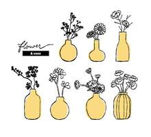 vector line drawn flower and vase set