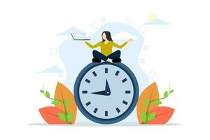 concepto de flexible trabajando horas, trabajo vida equilibrar o atención y hora administración mientras trabajando desde hogar, joven mujer trabajando en ordenador portátil mientras haciendo yoga o meditación en frente de reloj. ilustración. vector