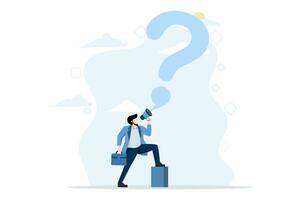 concept of asking question for answer or solution to solve problem, communicating or asking for help in business, businessman talking with megaphone asking question with big question mark. vector