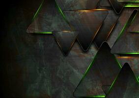 Black and glowing green orange triangles abstract background vector