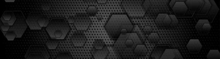 Black abstract hexagons on dark perforated background vector