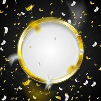 Shiny foil confetti and golden circle on black background. Vector abstract design