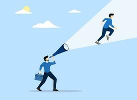 concept of creating strong vision to go for business success, ambition to set direction and achieve goals and targets, mission or career path, entrepreneur looking through telescope. vector. vector