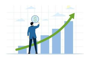 concept of increasing income or salary, growth of investment profit or income from stock market, growth of money or wages, businessman with magnifying glass on dollar sign with growth charts and graph vector