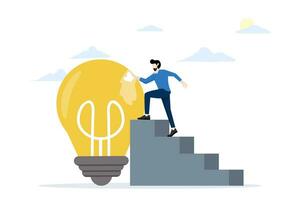 concept of polishing an idea or finishing it to perfection and the best quality result, attention to detail, entrepreneur climbs the ladder to clean and polish the light bulb for the best quality idea vector