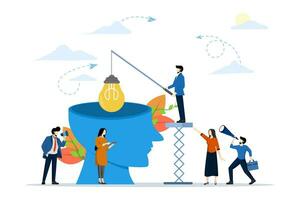 team of company employees engaged in a joint search for an idea, fishing rod idea in the head, vector creative illustration of business graph, abstract human head, thinking and Analytics.