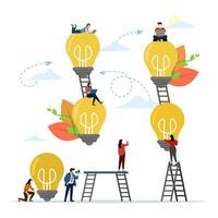 business meeting and brainstorming, business concept for teamwork, looking for new solutions, little people sitting on light bulbs looking for ideas. Vector flat illustration on white background.