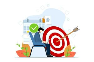 Stay focused concept. Man working with goals, schedule and new mail. Work in focus, productivity, self-discipline. Achievement of objectives. Achievement of objectives. Flat vector illustration.