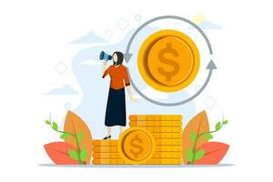 Online banking concept, money transfer, cash back, money growth. character with debit or credit card coin money and earn money online. Modern vector illustration in flat design.