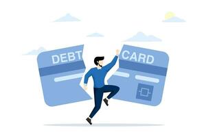 concept of paying off debt, Liberating or giving up bad habits or routines for freedom, breaking shackles or burdens of anxiety, escape and liberation, businessman destroying debt card. vector