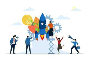 startup business concept. teamwork in building a startup business. people building spaceship rocket, cohesive teamwork in scratch vector. flat vector illustration on a white background.