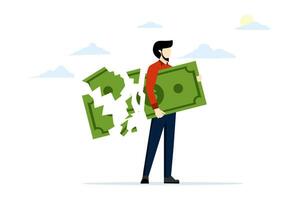 concept of losing money investing in financial crisis, gains and losses in business or deflation and inflation, businessman holding large dollar banknotes while losing, lowering the value of money. vector