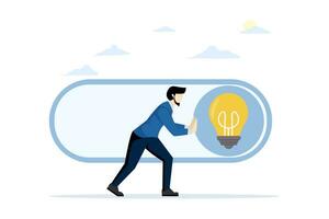 concept of igniting new idea, solution or innovation to solve problem, activating knowledge or creativity, unlocking or activating, businessman pressing toggle button to turn on idea. vector