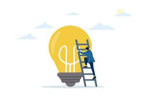 concept of developing ideas for career growth, accumulating knowledge, creativity or skills to help a better life. Businessman climbing ladder to stand on big idea light bulb. flat vector illustration