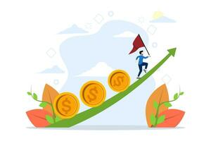 investment profit and income concept, stock market growth or flow of funds depending on interest rate and inflation, businessman investor, fund manager holding coin money tin chart. vector