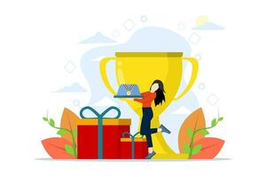 Concept of getting loyalty rewards, bonuses, business rewards. character standing and holding gold medal. Rewards program and receive gifts. Flat vector illustration on a white background.